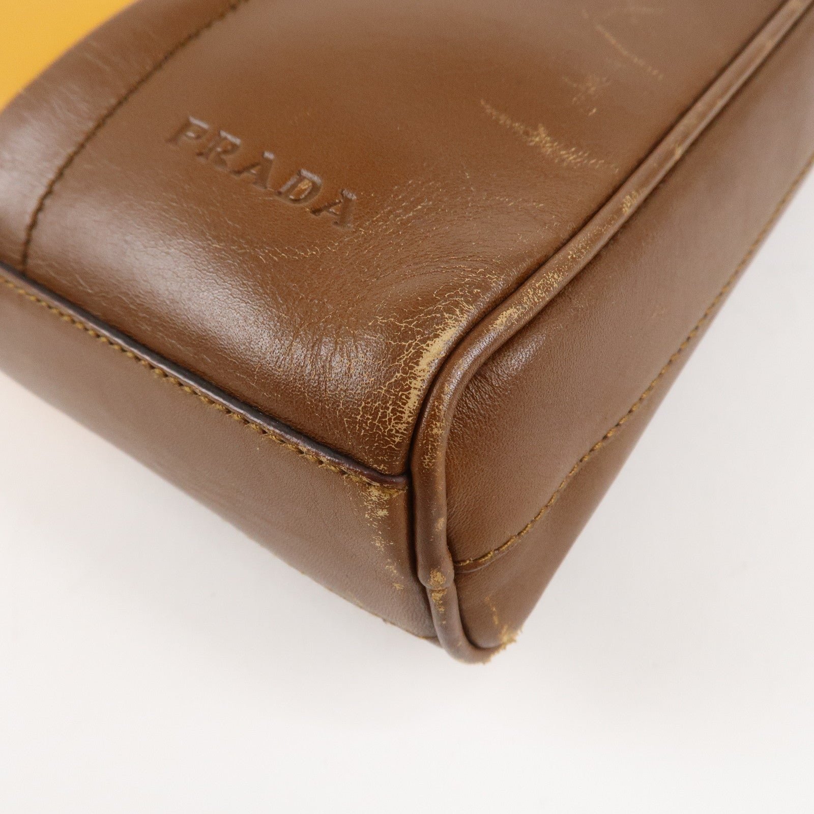 prada leather shoulder bag hand bag bi color mustard brown used prada leather shoulder bag hand bag bi color mustard brown used