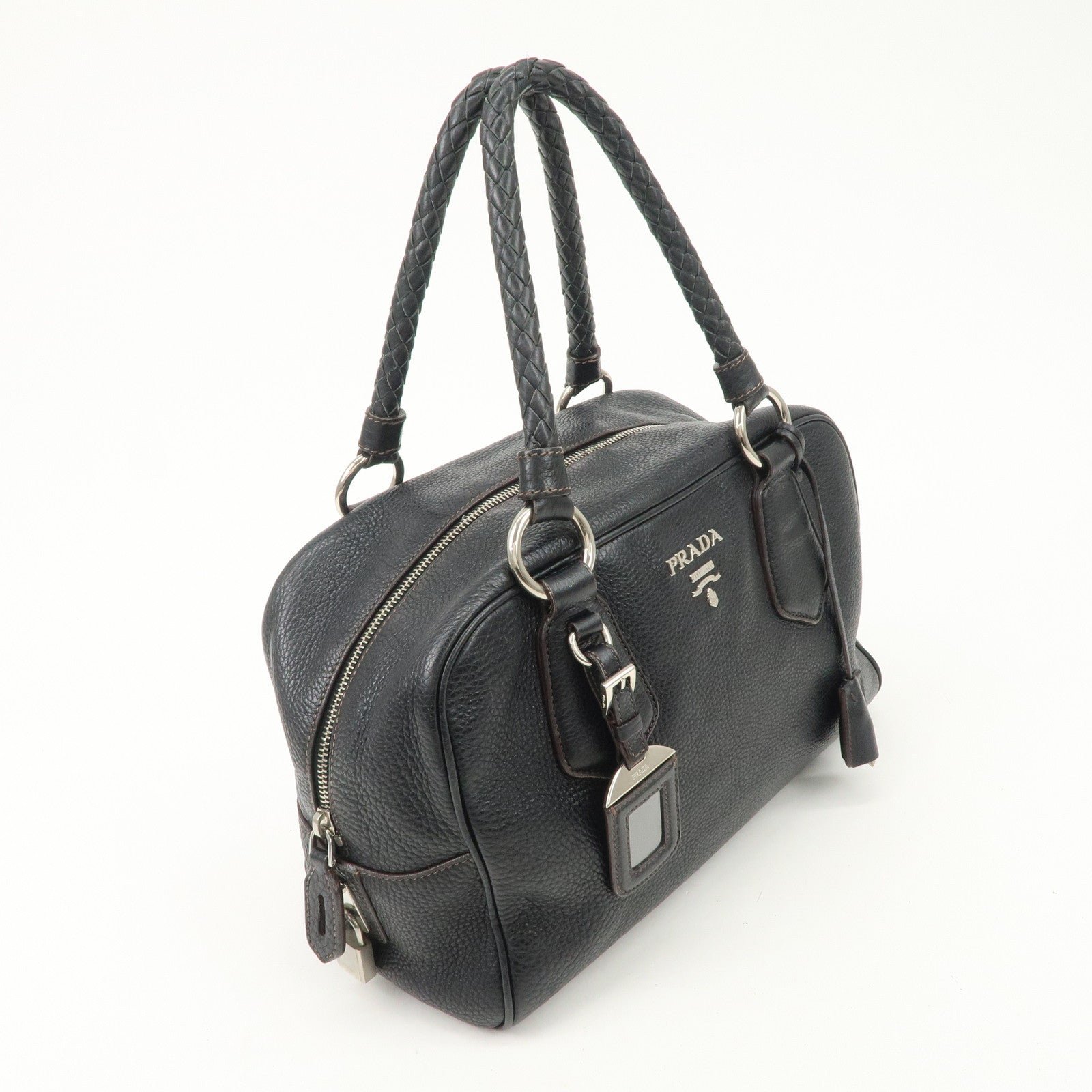 prada logo leather hand bag mini boston bag black bl0471 used prada logo leather hand bag mini boston bag black bl0471 used
