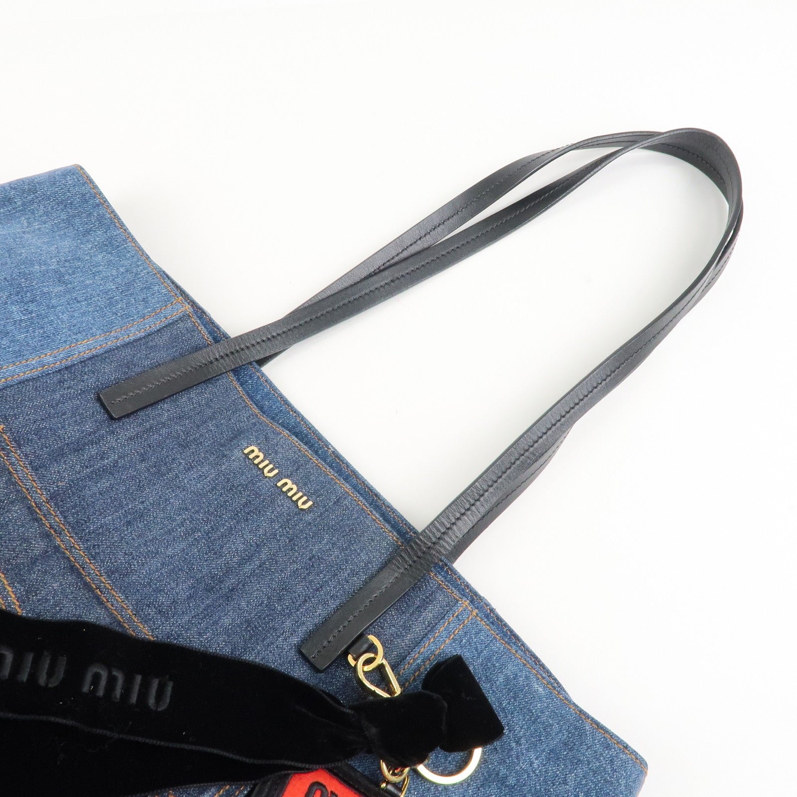miu miu leather denim tote bag shoulder bag navy 5bg024 used miu miu leather denim tote bag shoulder bag navy 5bg024 used