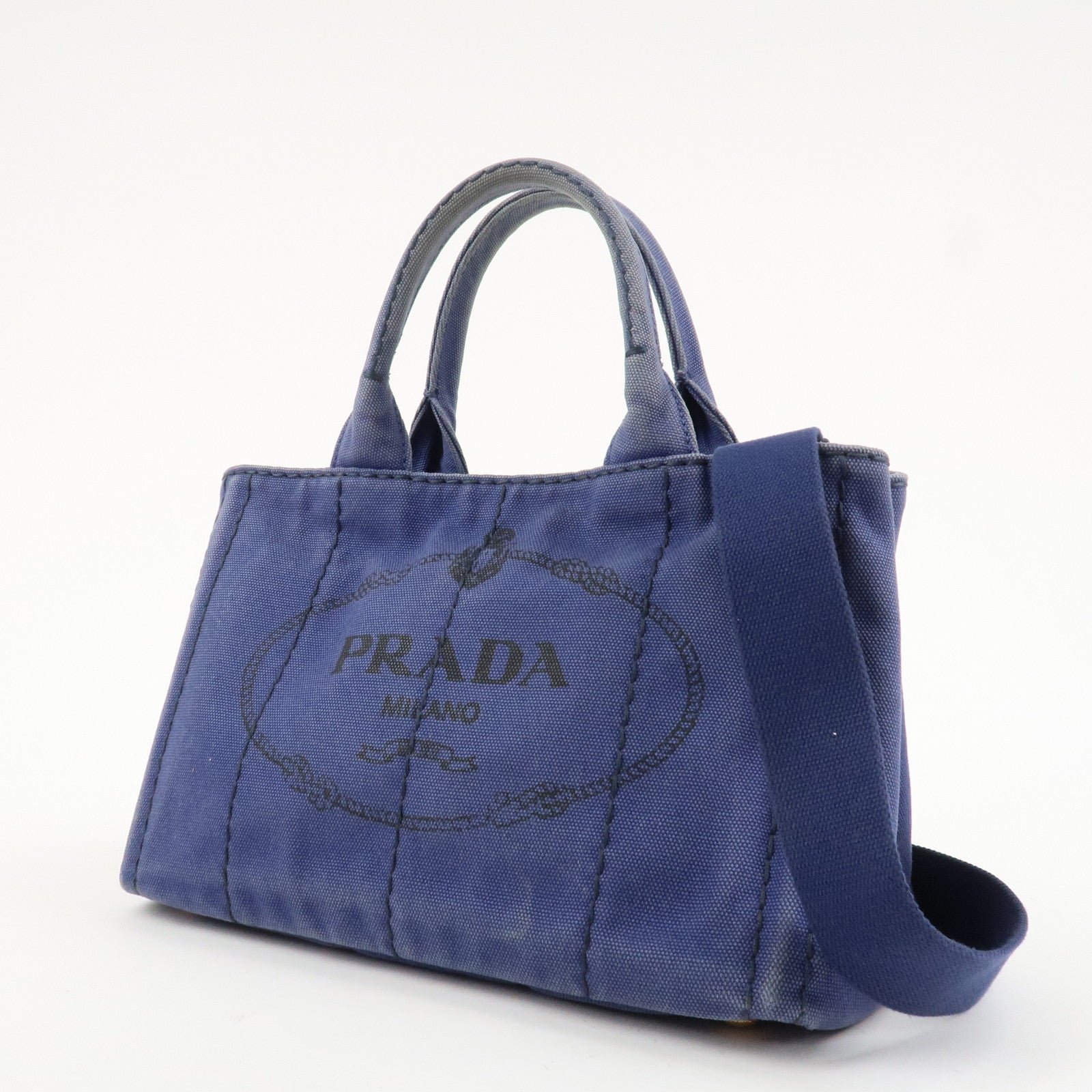 prada logo canapa canvas 2way tote bag hand bag navy b2642b used prada logo canapa canvas 2way tote bag hand bag navy b2642b used