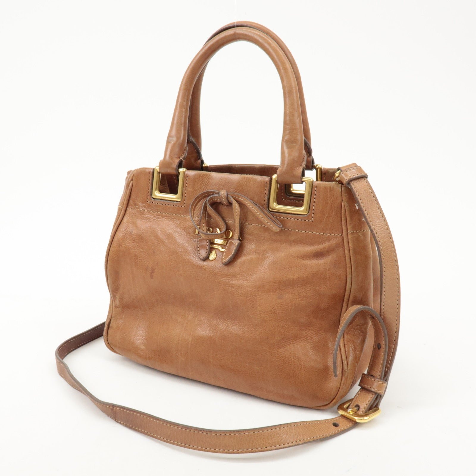 prada logo leather ribbon 2way bag hand bag brown bn2245 used prada logo leather ribbon 2way bag hand bag brown bn2245 used