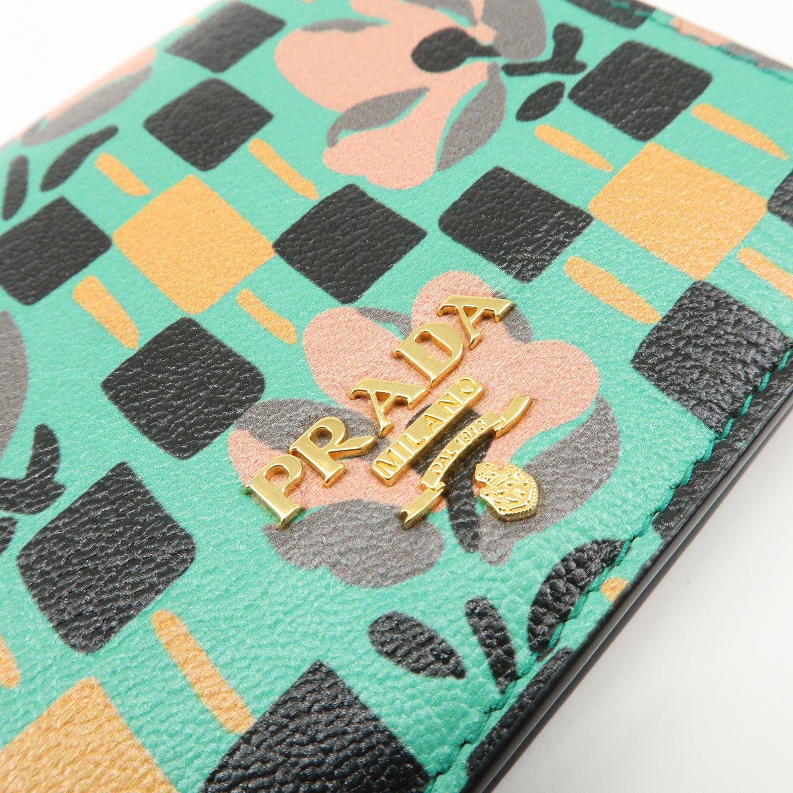 prada leather compact wallet floral print green gold hdw 1mv204 used prada leather compact wallet floral print green gold hdw 1mv204 used