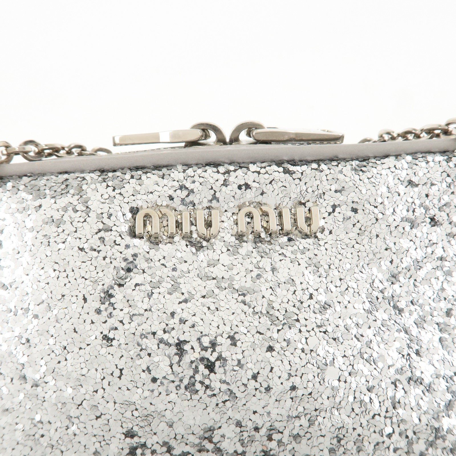 miu miu leather glitter pouch cosmetic pouch silver 5nd001 used miu miu leather glitter pouch cosmetic pouch silver 5nd001 used