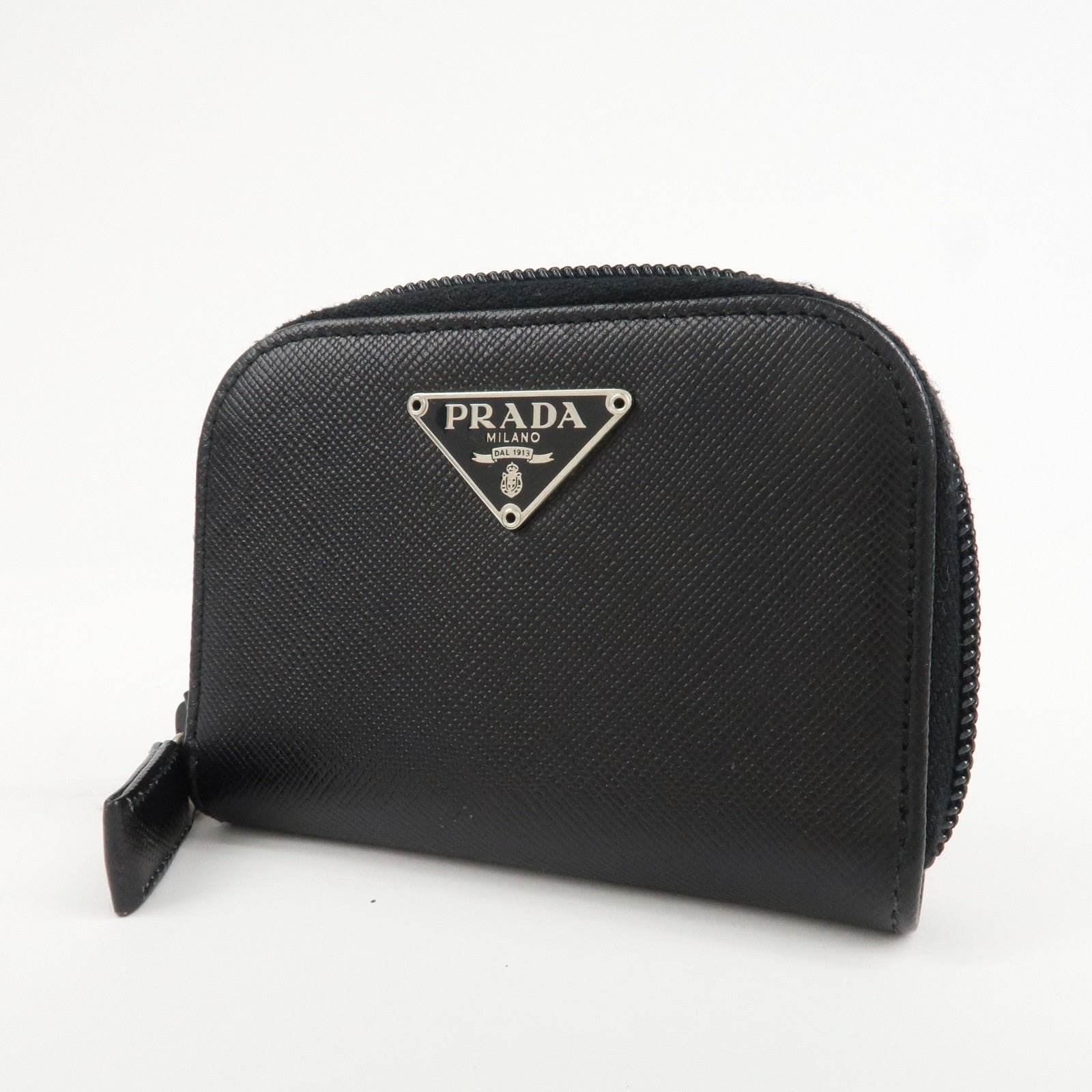 prada triangle logo saffiano leather round zippy coin case black prada triangle logo saffiano leather round zippy coin case black