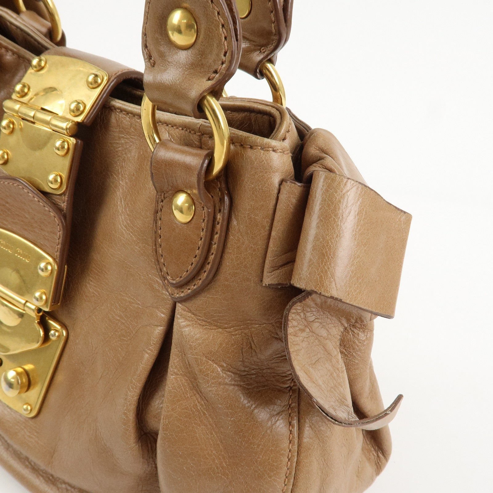 miu miu leather side ribbon 2way bag hand bag beige gold miu miu leather side ribbon 2way bag hand bag beige gold