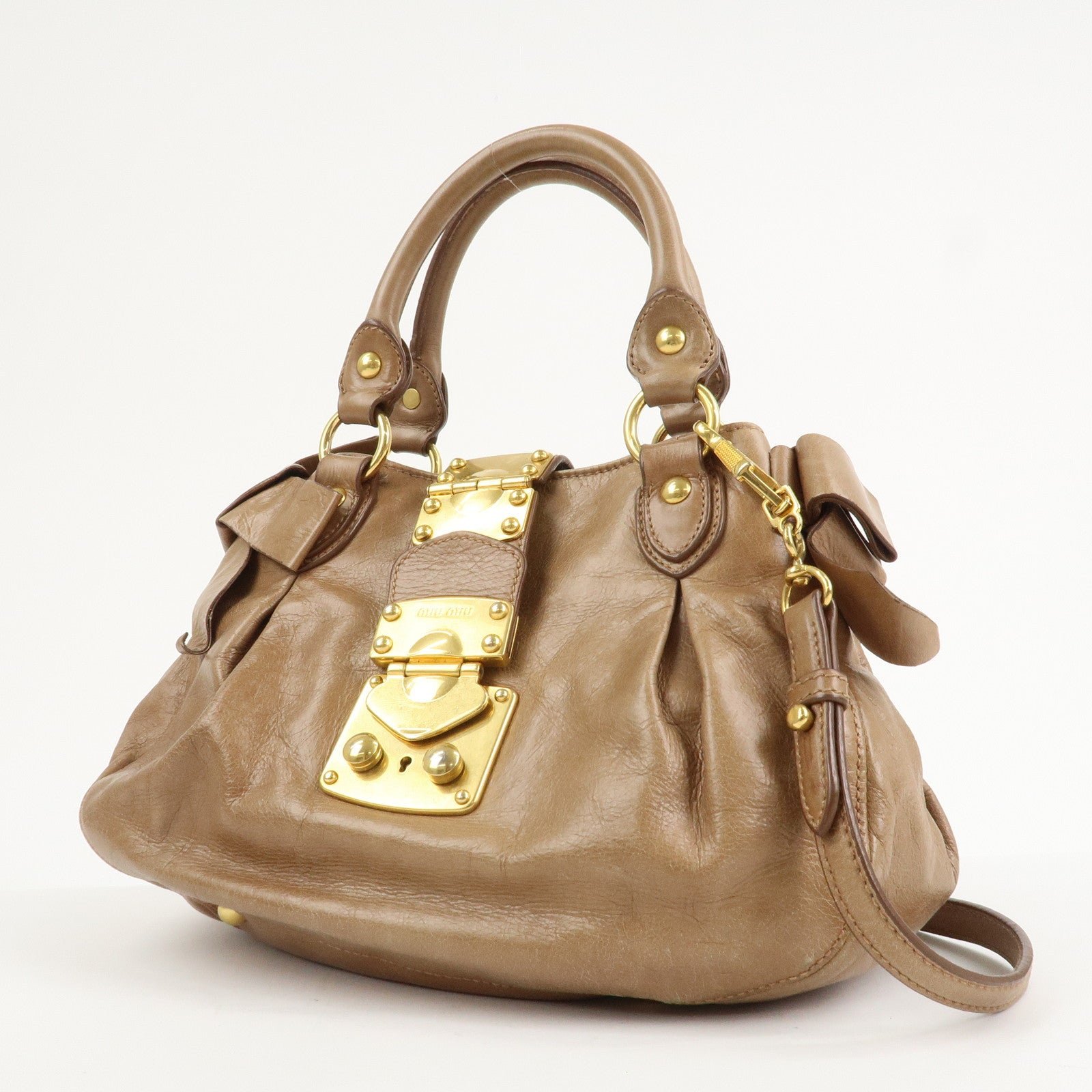 miu miu leather side ribbon 2way bag hand bag beige gold miu miu leather side ribbon 2way bag hand bag beige gold