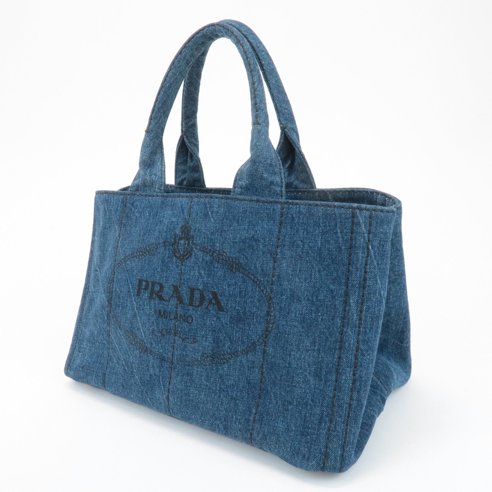 prada triangle logo canapa canvas denim hand bag navy b1877b used prada triangle logo canapa canvas denim hand bag navy b1877b used