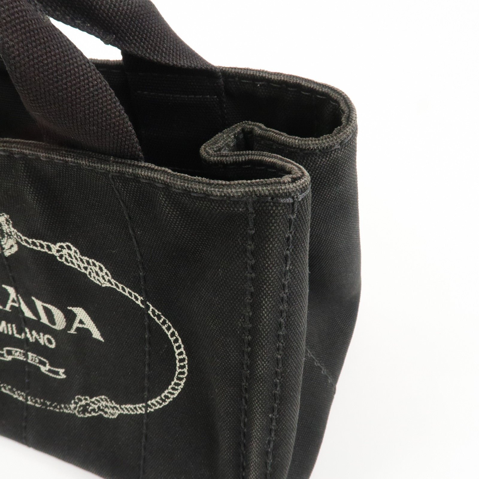 prada logo canapa mini canvas tote bag hand bag black bn2439 used prada logo canapa mini canvas tote bag hand bag black bn2439 used