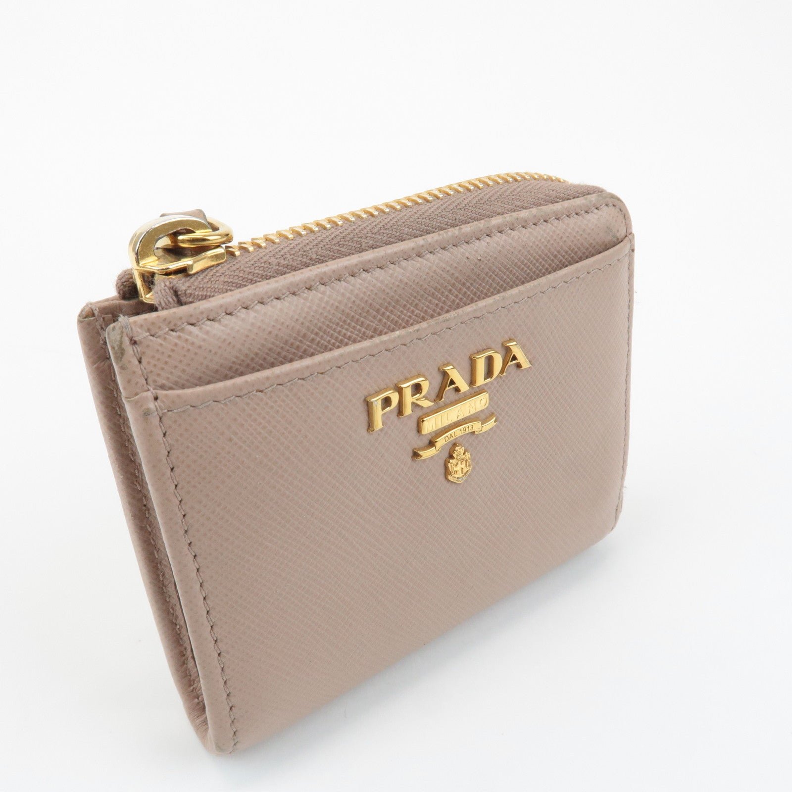 prada logo saffiano leather zippy coin case pink beige 1ml025 used prada logo saffiano leather zippy coin case pink beige 1ml025 used