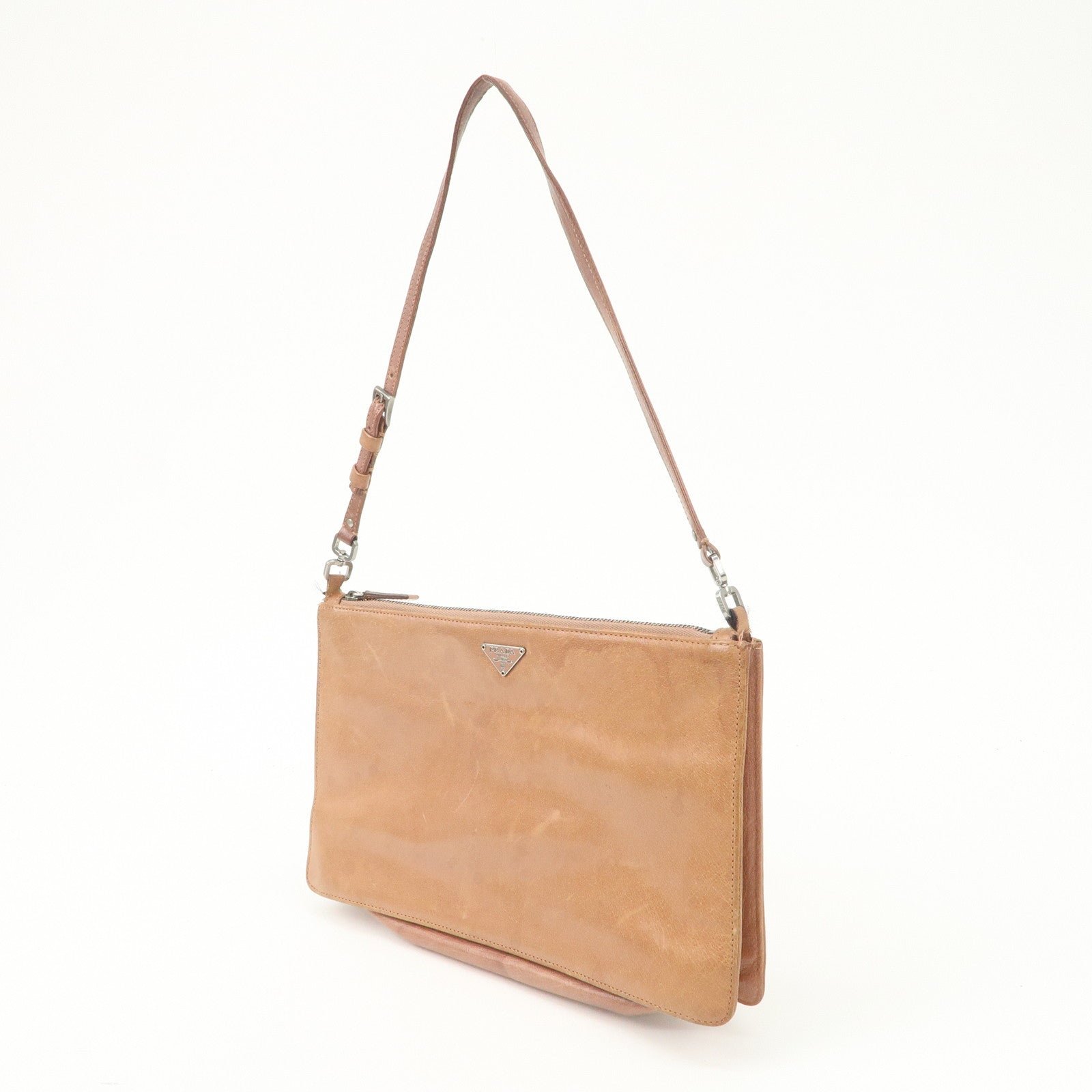 prada triangle logo leather shoulder bag hand bag brown used prada triangle logo leather shoulder bag hand bag brown used