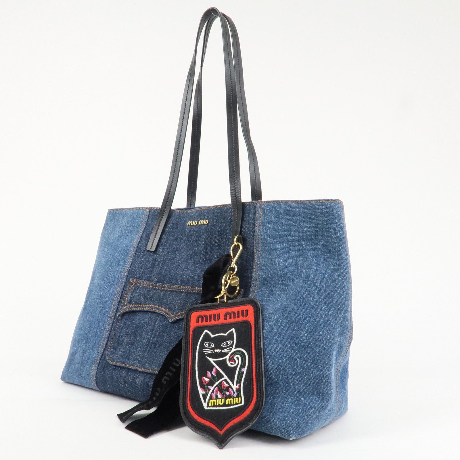 miu miu leather denim tote bag shoulder bag navy 5bg024 used miu miu leather denim tote bag shoulder bag navy 5bg024 used