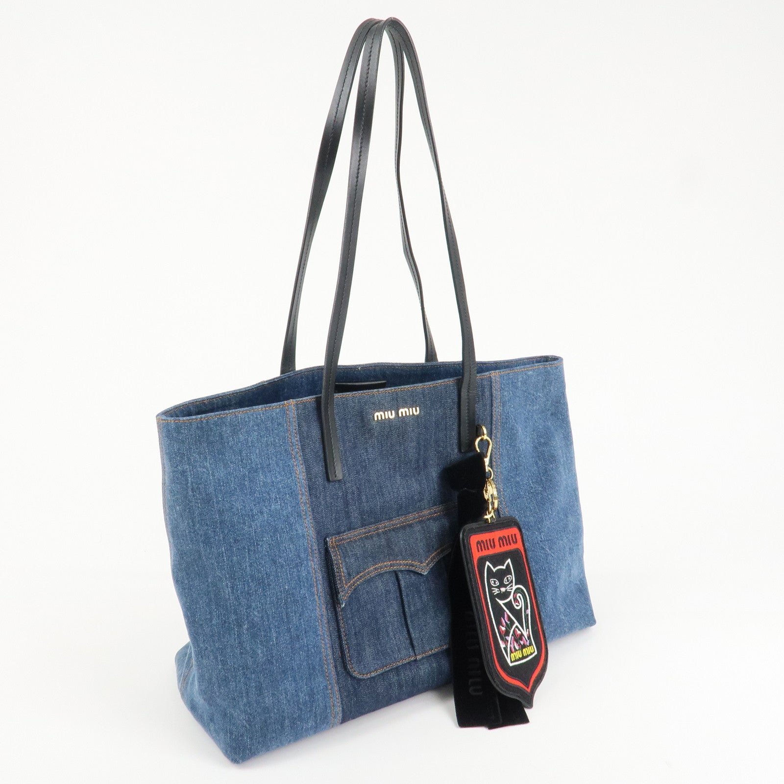 miu miu leather denim tote bag shoulder bag navy 5bg024 used miu miu leather denim tote bag shoulder bag navy 5bg024 used