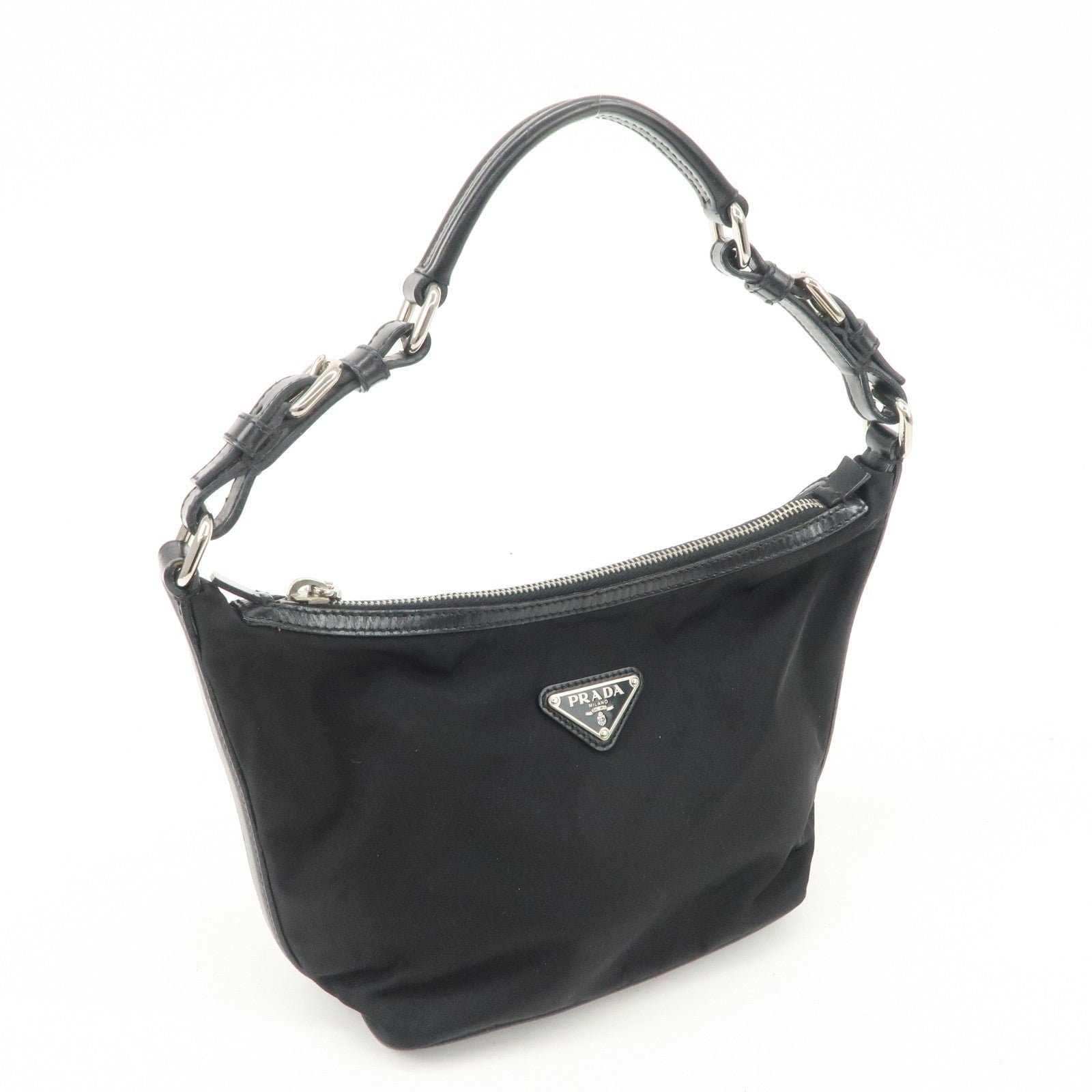 prada triangle logo nylon leather shoulder bag hand bag black br3121 used prada triangle logo nylon leather shoulder bag hand bag black br3121 used