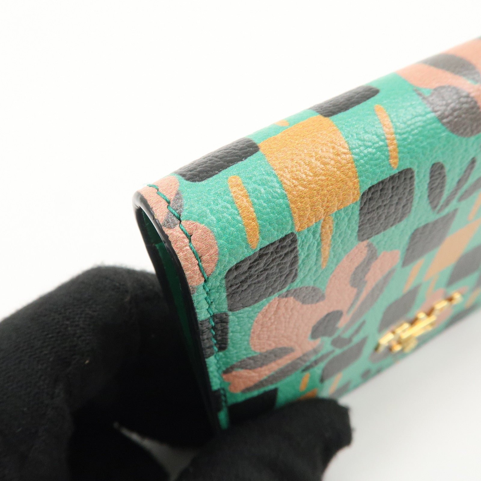 prada leather compact wallet floral print green gold hdw 1mv204 used prada leather compact wallet floral print green gold hdw 1mv204 used
