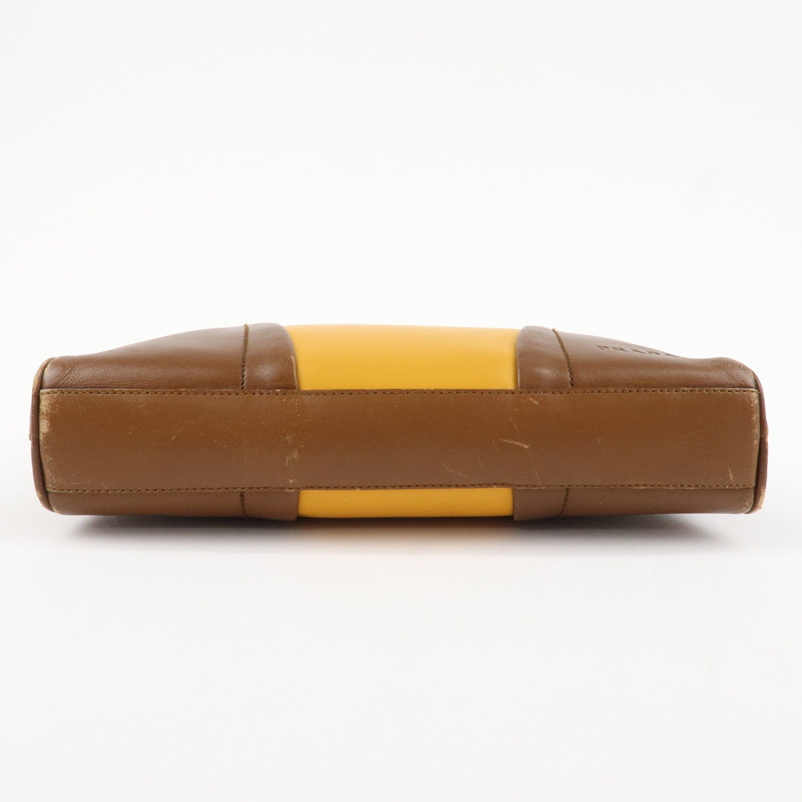 prada leather shoulder bag hand bag bi color mustard brown used prada leather shoulder bag hand bag bi color mustard brown used