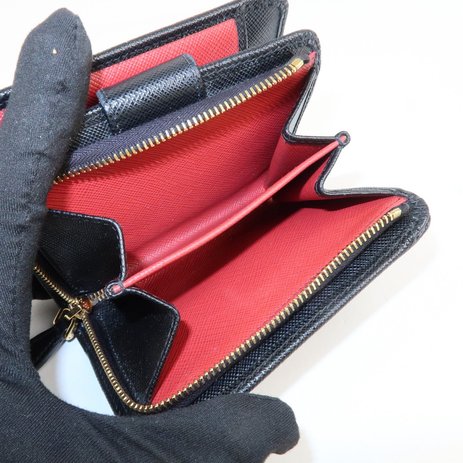prada saffiano leather bi fold wallet black red gold 1ml018 used prada saffiano leather bi fold wallet black red gold 1ml018 used