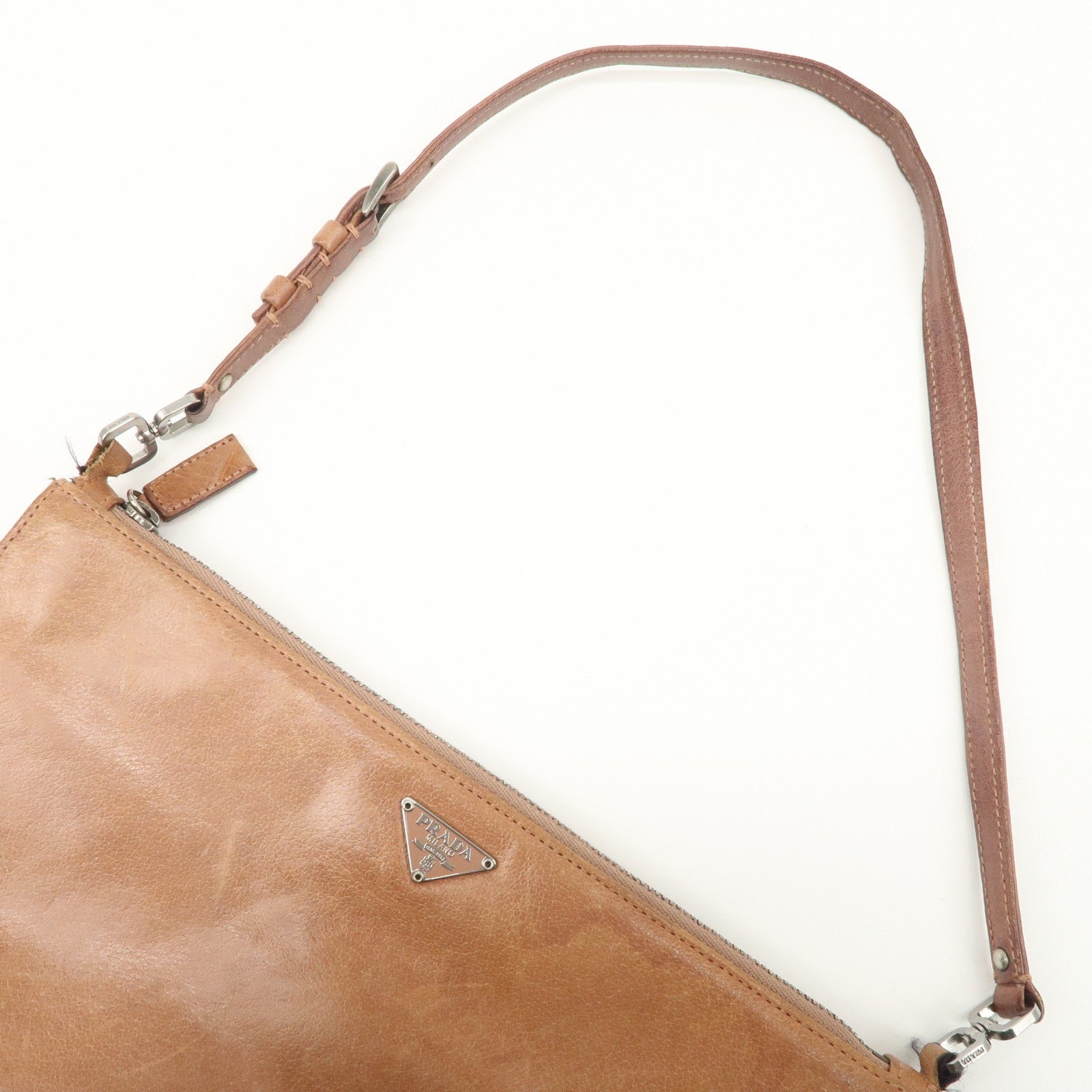prada triangle logo leather shoulder bag hand bag brown used prada triangle logo leather shoulder bag hand bag brown used