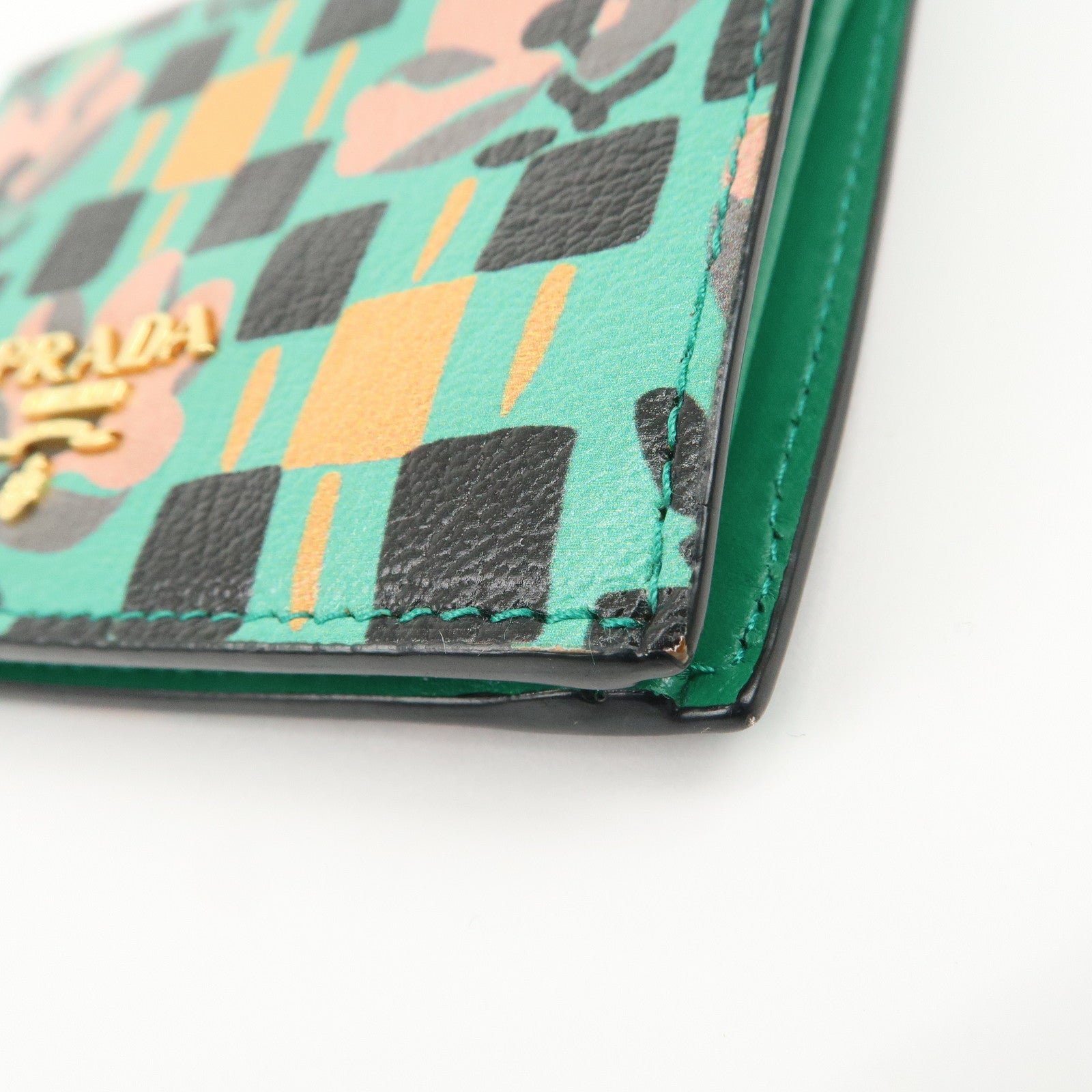 prada leather compact wallet floral print green gold hdw 1mv204 used prada leather compact wallet floral print green gold hdw 1mv204 used